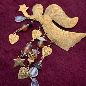 Gold Angel Brooch with Heart Charms